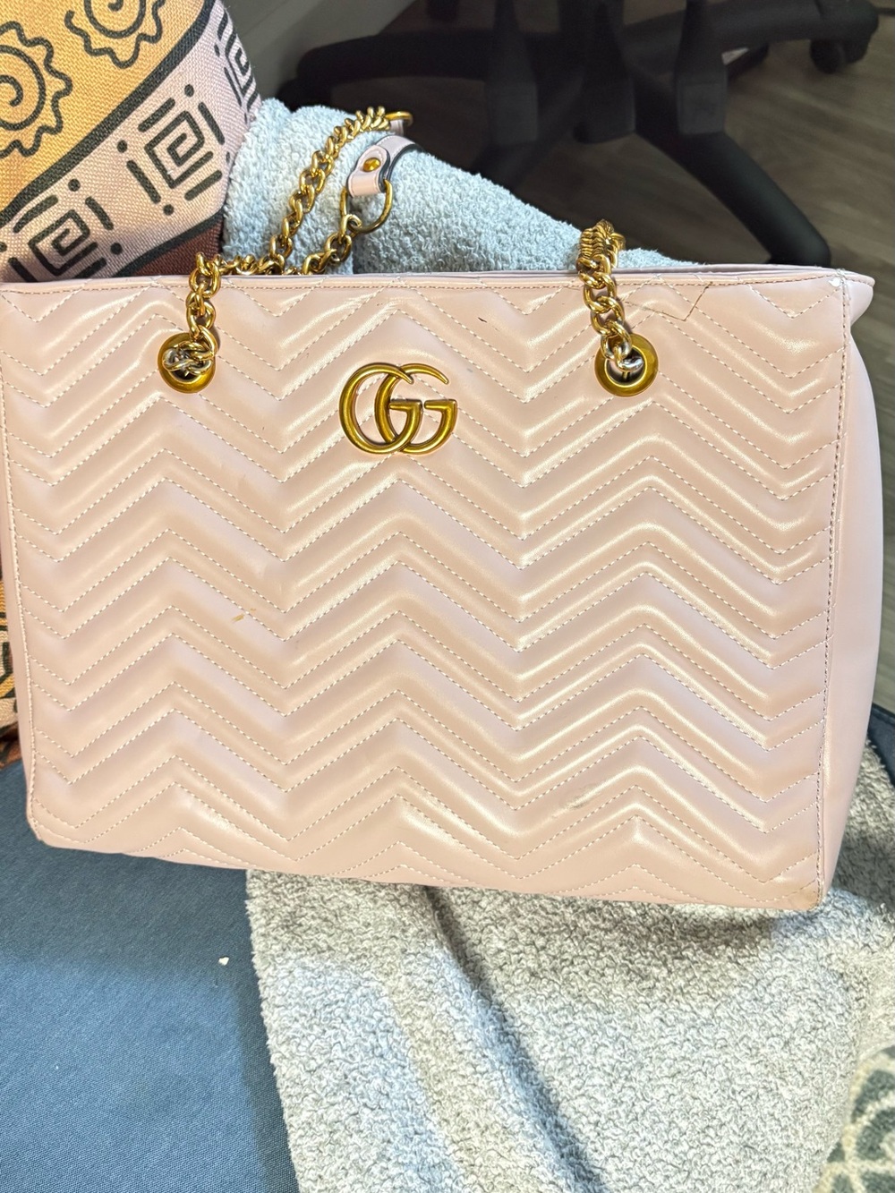 Gucci Blush Pink Chevron Leather Shoulder Bag with Gold Double G
